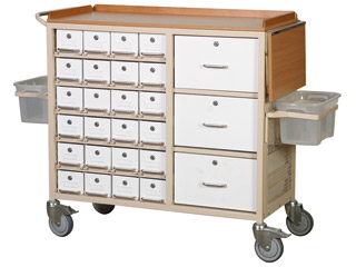 Drug Trolley 24 Lockable M/S Drawers & 3 Storage Drawer- All Open From One Side